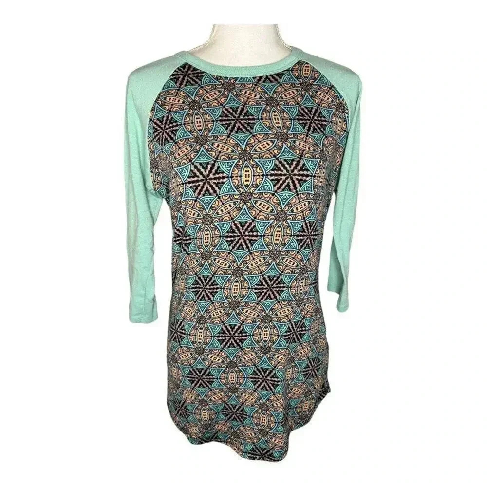LuLaRoe XS Randy Baseball Tee With Mint Green Sleeves And Geometric Design